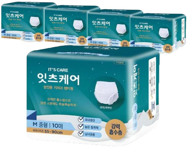 잇츠케어 성인용기저귀 팬티형 중형10Px5팩, 중형, 10개입, 5박스