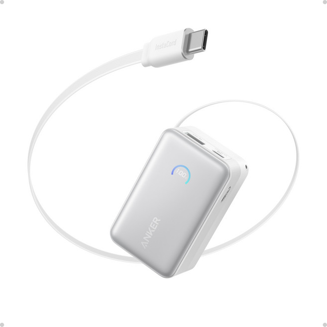 ANKER A1638 行動電源 10000mAh 45W 內建伸縮線, 白色