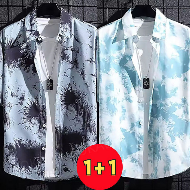 AOKADA 1+1 남성 여름 루즈핏 카라넥 프린팅 비치 휴양지 바강스 커플 반팔 셔츠 남방