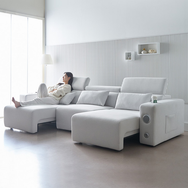 [에보니아] 알렉스 전동 슬라이딩 확장형 4인용쇼파 아쿠아스웨이드 (리클라이너 모션소파/고급형/스피커), 아이보리