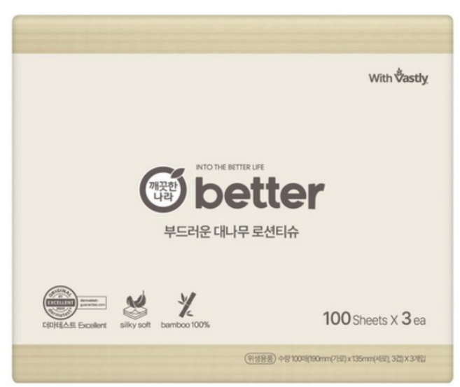 깨끗한나라 better 부드러운 대나무 로션 휴대용 티슈 3겹 100매, 6개