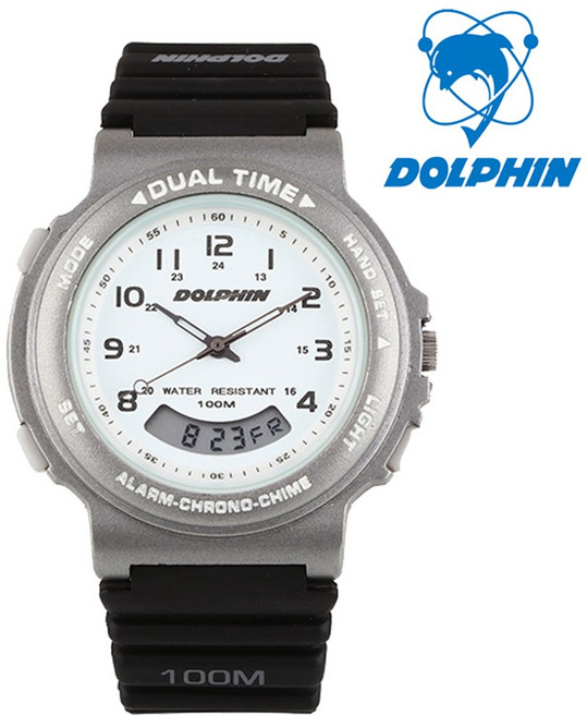 돌핀 100M 방수 아날로그+디지털 투타임 손목시계 852-2C