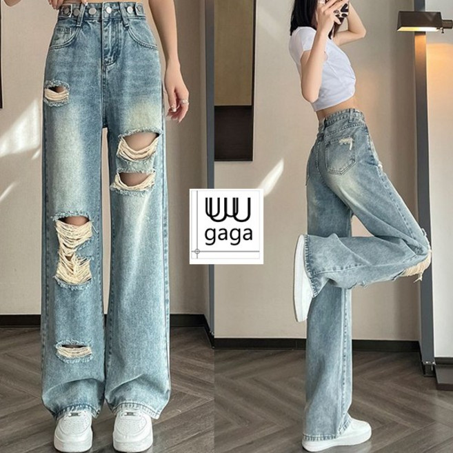 유유가가 여자 하이웨스트 디스트로이드 찢어진 일자 스트레이트 와이드 레그 진 허리조절 청바지