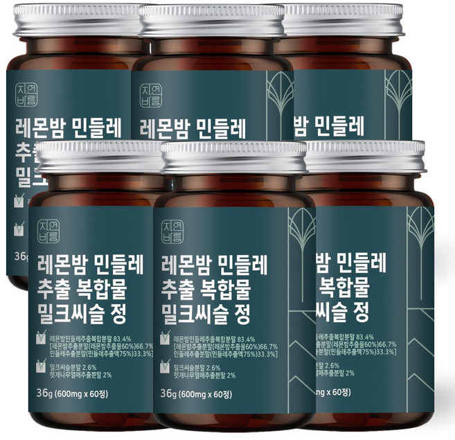 자연바름 레몬밤 민들레 추출물 추출 분말 유기농 밀크씨슬 복합물 영양제, 60정, 6개
