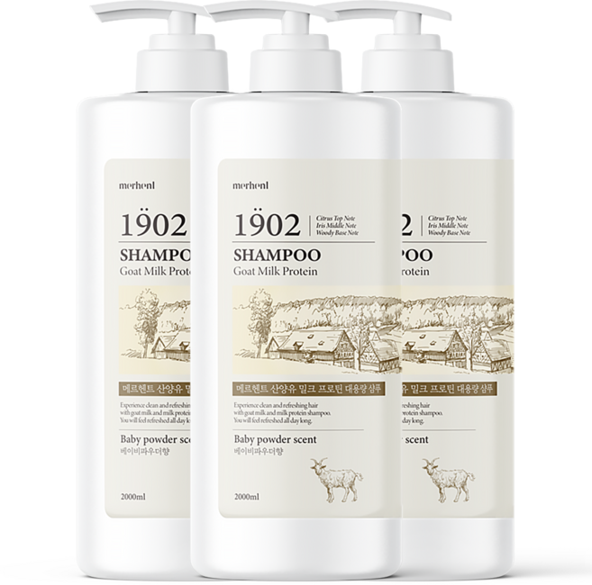 [1+1+1] 메르헨트 산양유 우유 단백질 대용량 프로틴 샴푸 2000ml 약산성 청소년 사춘기 미용실샴푸 정수리냄새 향기좋은 향좋은 퍼퓸 여자 남자 군인추천 남성 여성 샴푸 1위, 3개, 2L