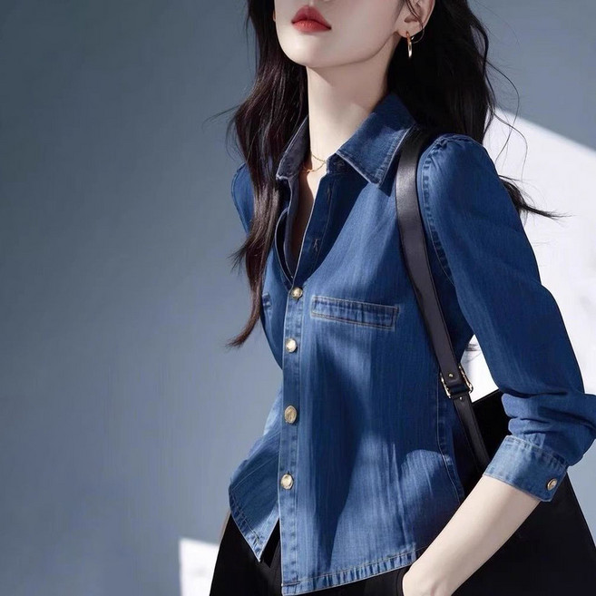 지고다그 여성용 봄가을 청셔츠 긴팔 슬림핏 캐주얼 청바지 원단 셔츠 자켓 겸용 상의 WY74133