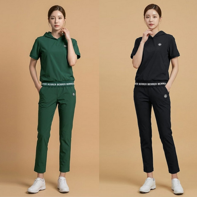 [미우골프] 여성 액티브 스윙 데일리 반팔 V컷 후드 밴딩 팬츠 트레이닝 골프 셋업 세트