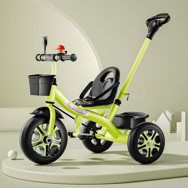 兒童三輪車 1-6歲 二合一手推車 寶寶自行車腳踏車童車, 1個, 清新绿高配彩轮+推把