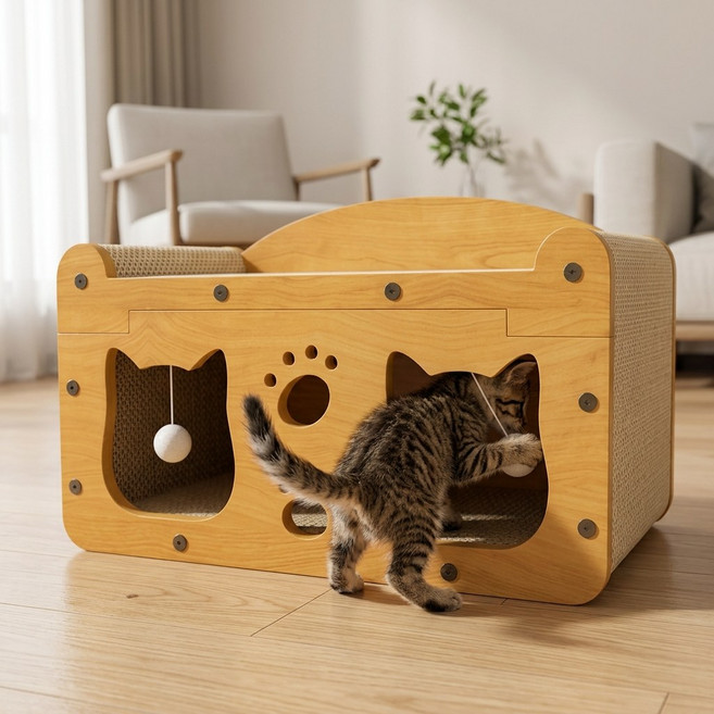 시꼬몽스 고양이 2층 숨숨집 하우스형 스크래쳐 캣하우스, 1개, 우드톤