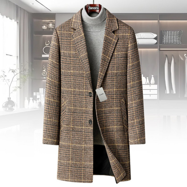 Zenaris 남자 정장 반코트 아우터 체크 카라넥 트렌치 하프코트 가을 겨울