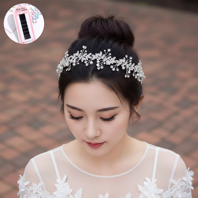 VITALO 브라이덜 글로우 헤어바인 셀프 웨딩 헤어밴드 큐빅 머리띠 코사지 공연 연주회 (헤어실핀 8P 지급)