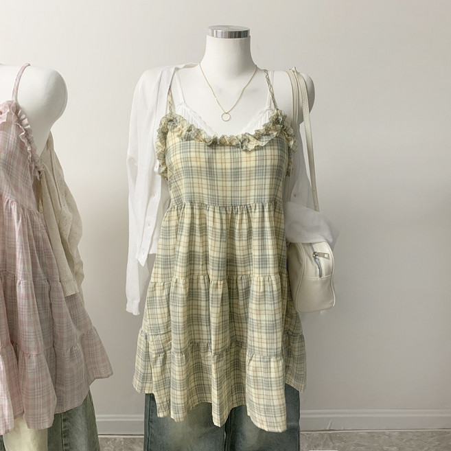 [빈티지무드/모리걸룩] 프릴 나시 체크 캉캉 오버루즈핏 미디 미니 봄여름 원피스