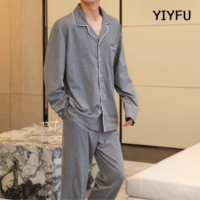YIYFU 긴팔 잠옷 사계절 남자 여성 파자마 파이핑라인 홈웨어 남녀 공용 긴팔 커플 잠옷 세트 사계절