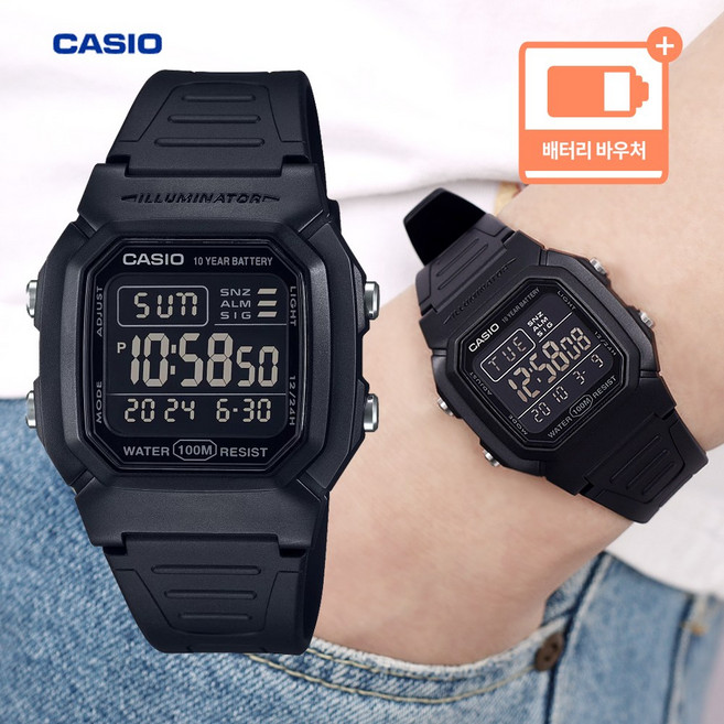 카시오 올블랙 알람 기능 군대 군인 10기압 방수 우레탄 남성 아나디지 손목 시계 + 배터리 바우처