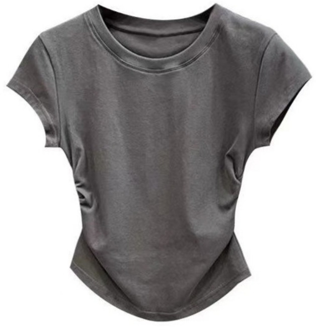 야오야오 밑단굴림 셔링 슬림핏 크롭 반팔 티셔츠