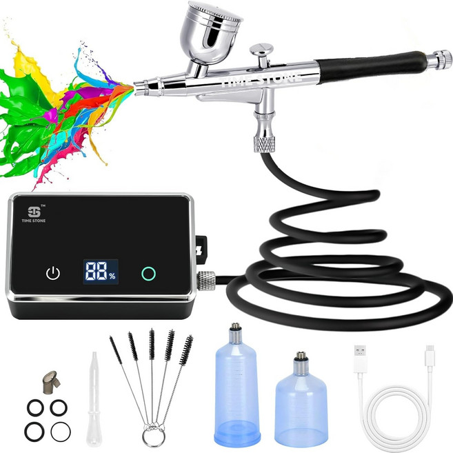 32PSI 에어브러쉬 키트 메이크업용 휴대용 에어브러쉬 세트 케이크 장식 모델 컬러링 네일 아트용 컴프레셔 포함 충전식 다기능 듀얼 액션, 1개