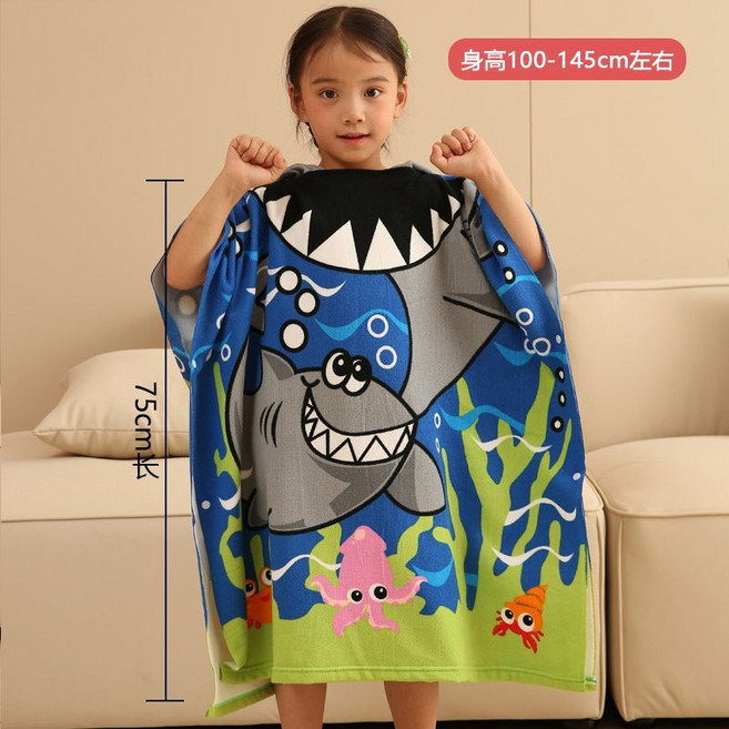 MAGIC BEAN 卡通兒童浴巾斗篷浴袍, 1個, 大碼巨齒鯊身高100-145cm