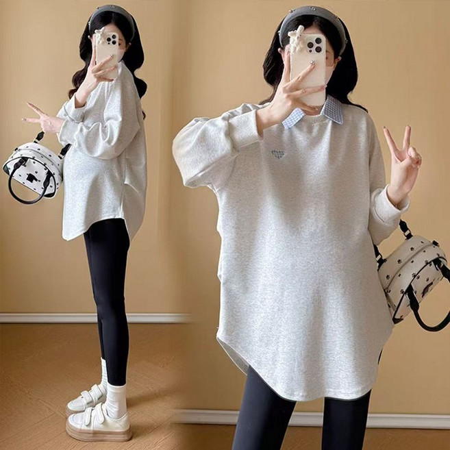 임산부 긴팔 티셔츠 봄 가을 임부복 캐주얼 시크룩 맨투맨 패션 루즈핏 카라넥 상의 YHY