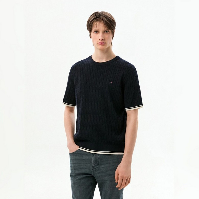 타미힐피거 TOMMY HILFIGER 케이블 크루넥 반팔 스웨터 T12G1KPO700ML1_DW5 450651