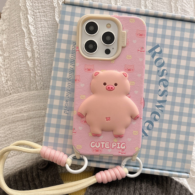 손목 스트랩 맵 핑크 Piglet iphone16pro Phone Case에 적합 애플 16 새로운 15 with Lanyard 14pro Women 13 가죽 15Pro Max