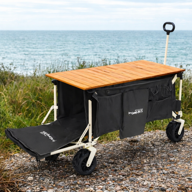 [이마트입점상품] 캠프365 파파웨건 스포츠 울트라 테이블세트 장축/내하중 160KG 캠핑 웨건 접이식 카트 뒷문 개방형 브레이크, 1개, 우드롤테이블세트