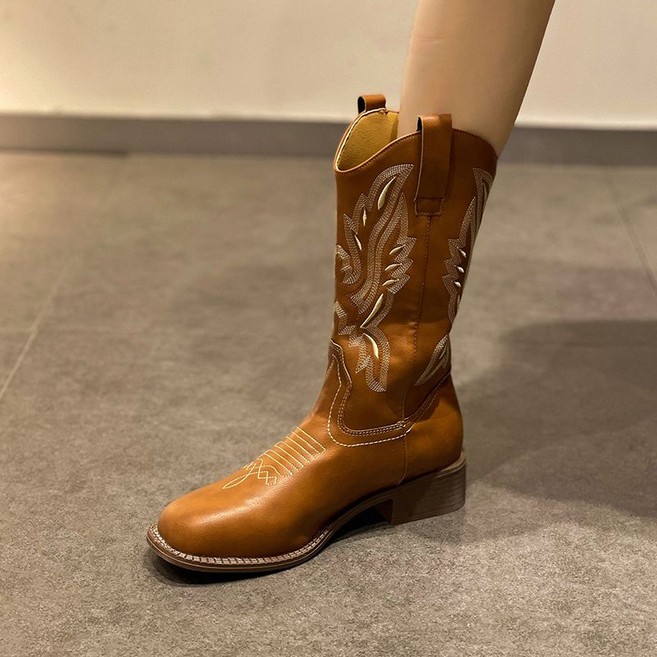 COSYEVNO 여성 웨스턴 데님 부츠 빈티지 롱부츠 자수 디자인 첼시부츠 편안하고 부드러운 힐 가을 신발 CXxz-7