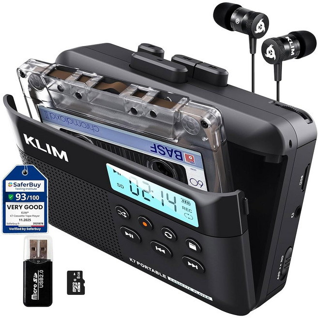 KLIM K7 카세트 테이프 플레이어 + 카세트에서 MP3로 변환기 휴대용 내장 마이크 및 스피커 충전식 배터리 이어폰 8GB SD 카드, Black - 8 GB