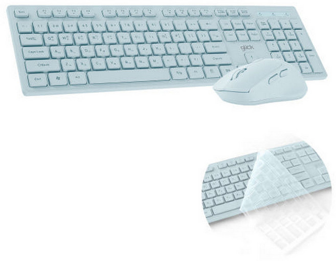 지클릭커 OFFICEPRO WMK10 무소음 무선 키보드 마우스 세트 (블랙)-키스킨포함, 일반형, 스카이블루