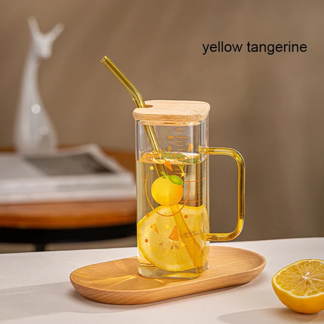 체중계 투명 텀블러 포함 유리 빨대 컵 뚜껑 및 아이스 커피 핸들 주스 밀크 티용 마시는 머그잔 350ml, 01 yellow