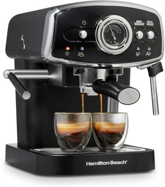 카푸치노와 라떼를 위한 밀크 프로더 스팀 완드가 장착된 해밀턴 비치 슬라이드 앤 락 에스프레소 머신 15바 펌프 및 2스팟 탈착식 저장소 컴팩트 레트로 디자인 블랙40730, Black