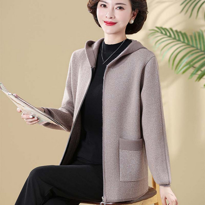 AOKADA 중년 여성 봄 가을 후드 집업 니트 코트 점퍼 아웃도어