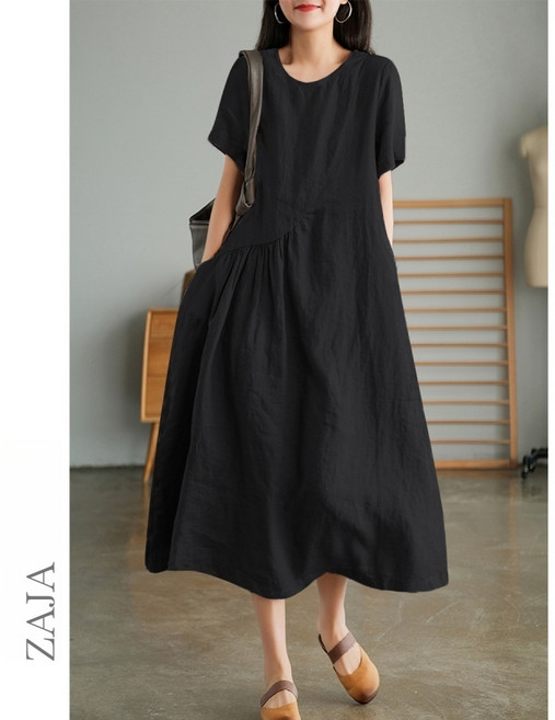 ZAJA 여성 여름 면 린넨 롱 원피스 루즈핏 체형커버 편한 데일리 원피스