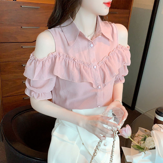 해피유통 여성 여름 레이스프린지 오프숄더 반팔 버튼형 블라우스bhf