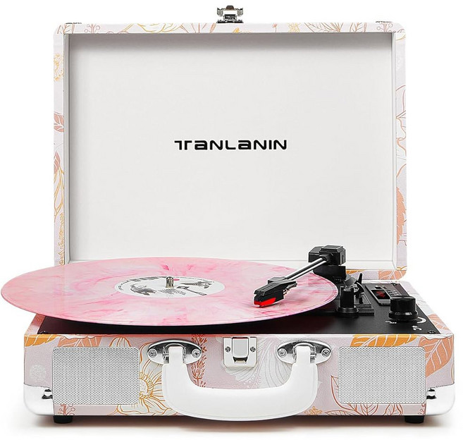 바이닐 레코드 플레이어 핑크 플로럴 USB 녹음 내장 스피커가 있는 블루투스 빈티지 3단 휴대용 여행 가방 턴테이블 45 78RPM 벨트 구동 LP 지원 AUX-in R, Pink Flower