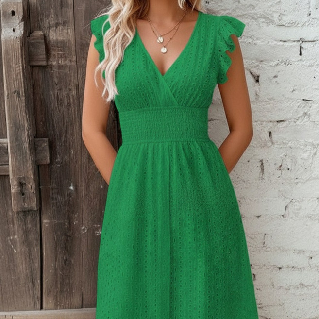 UPPERCUT 여성 로맨틱 프릴 소매 아일렛 자수 펀칭 원피스 휴양지룩 데이트룩