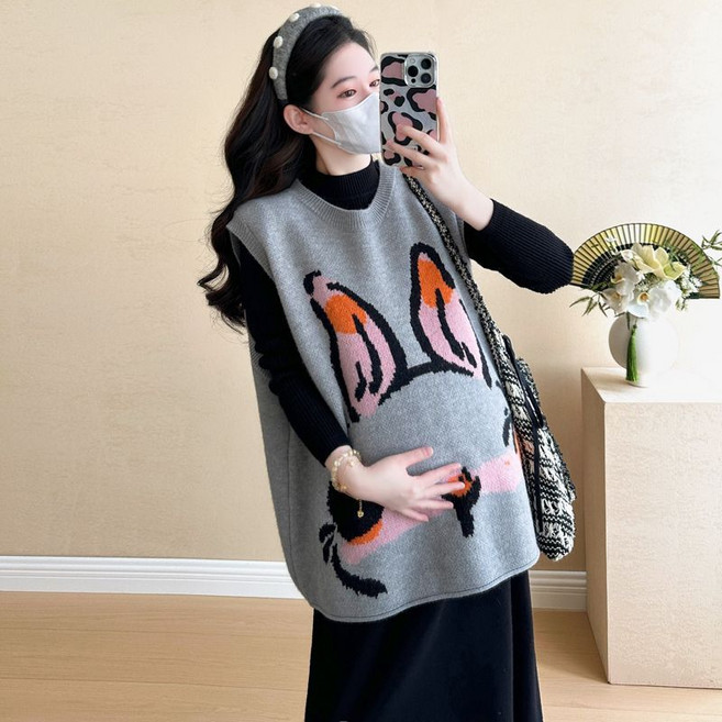 패션 임부복 봄가을 임산부 루즈핏 데일리 조끼 + 이너 원피스 투피스 여성 캐주얼 코디 세트 SJS