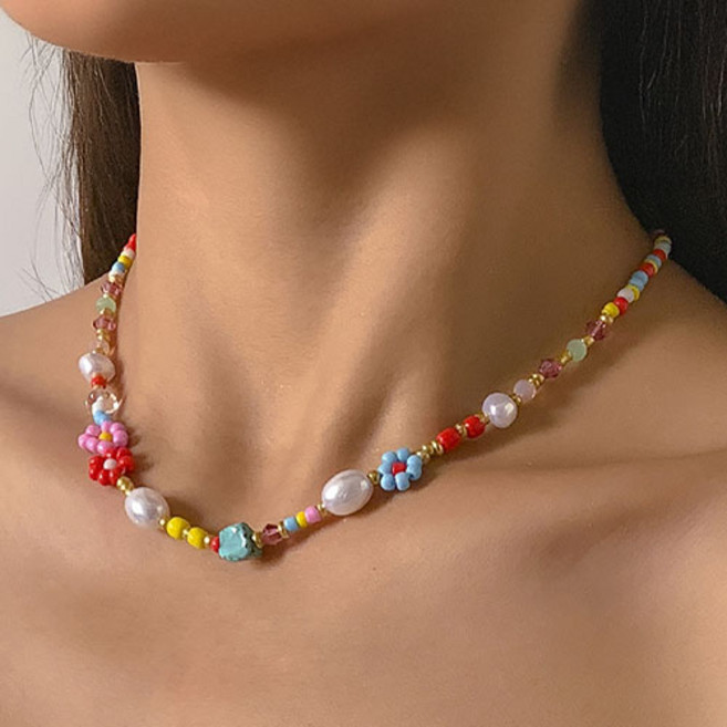 티큐 여성 휴양지 바캉스 컬러 플라워 진주 레이어드 비즈 목걸이 A2190