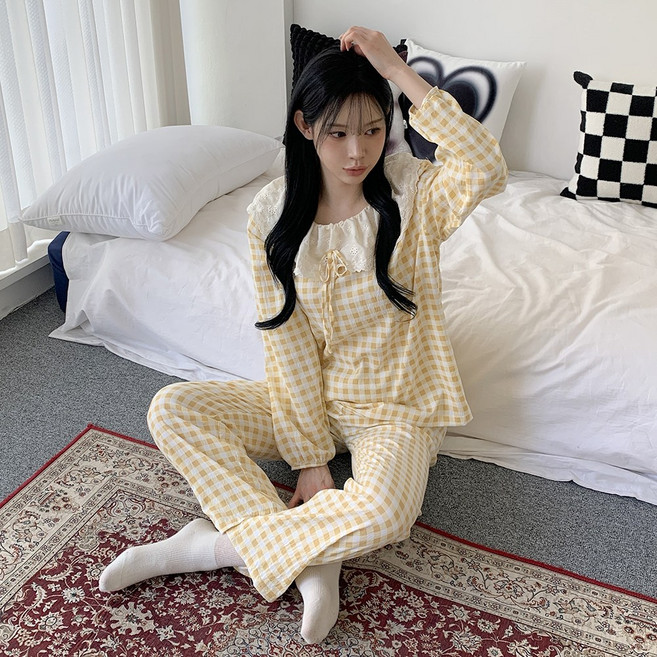 [가격실화?/3col] 츄러스 리본 케이프 체크 잠옷 파자마 세트