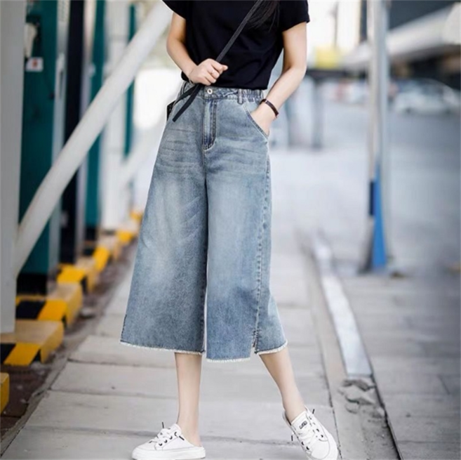 POMTOR 여성 하이웨이스트 와이드 7부 데님 팬츠 슬릿 청바지