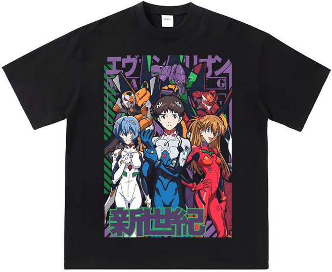 에반게리온 신지 레이 아스카 애니메이션 레귤러핏 블랙 반팔티