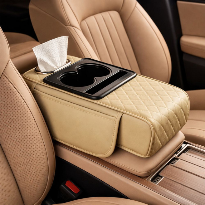 차량용 다기능 팔걸이 쿠션 콘솔박스 수납 컵홀더 티슈함, 베이지, 1개