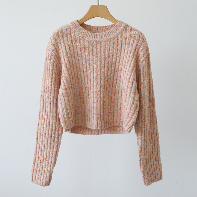 제니트 여성 생기 넘치는 컬러 믹싱 골지 세미크롭 라운드넥 니트웨어