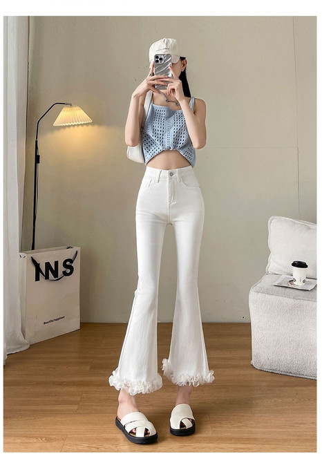 쌍천 화이트 레이스 부츠컷 청바지 여 봄여름 팔구부 나팔바지 댄스 바지 라틴 팬츠 무대 공연복 W26021422