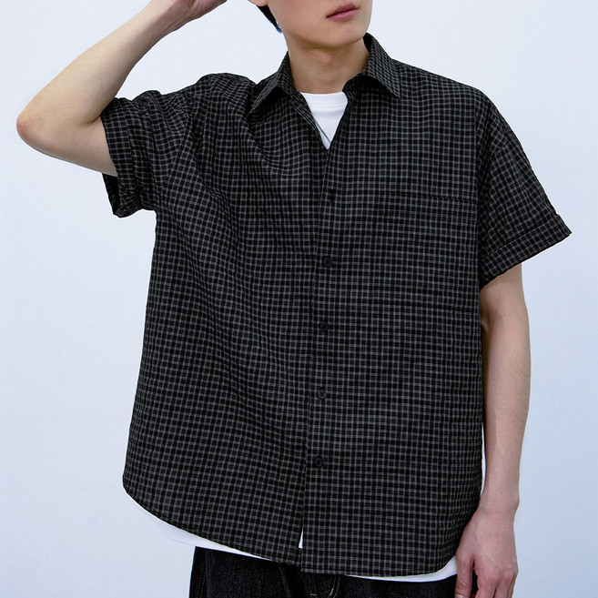 아테즈 남녀공용 데일리 체크 오버핏 반팔 셔츠
