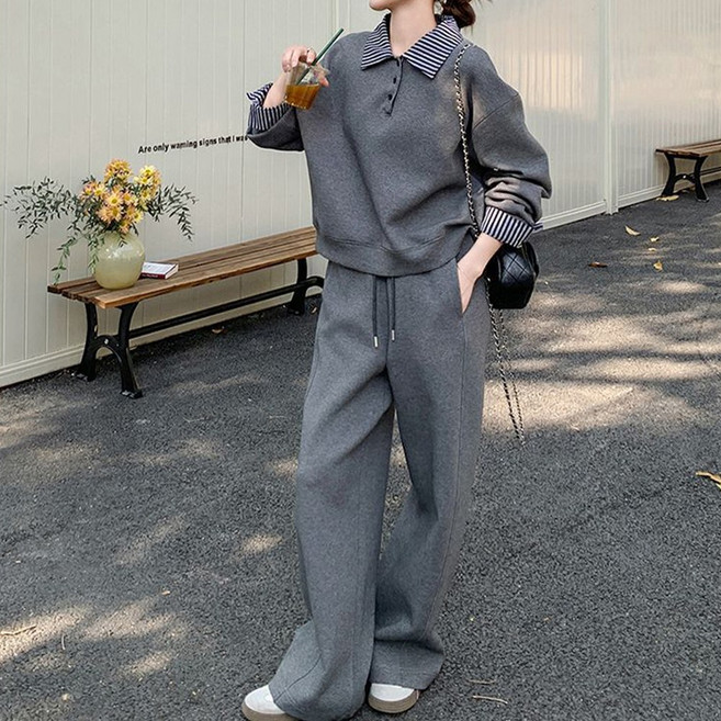 UPPERCUT 여성 배색 카라 셔츠 맨투맨 와이드팬츠 상하세트 빅사이즈 트레이닝 세트