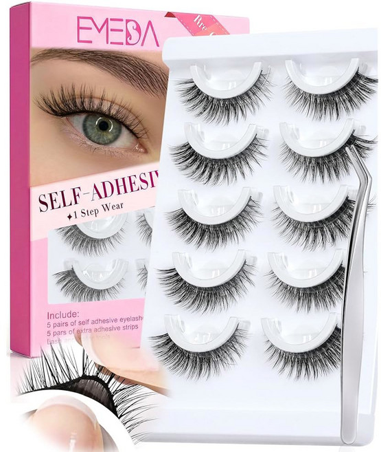 EMEDA 셀프 접착 속눈썹 프리글루리스 - 내추럴 룩 노 14mm 캣 글루리스 인조 스트립 속눈썹에 재사용 가능한 스틱 필요 없음 (핀셋 포함 879개), 14mm #55
