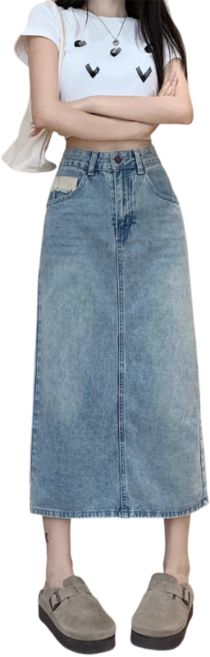 여성용 데일리 하이웨스트 a라인 데님 스커트 빅사이즈 미디 트임 데님 스커트 뉴타임즈