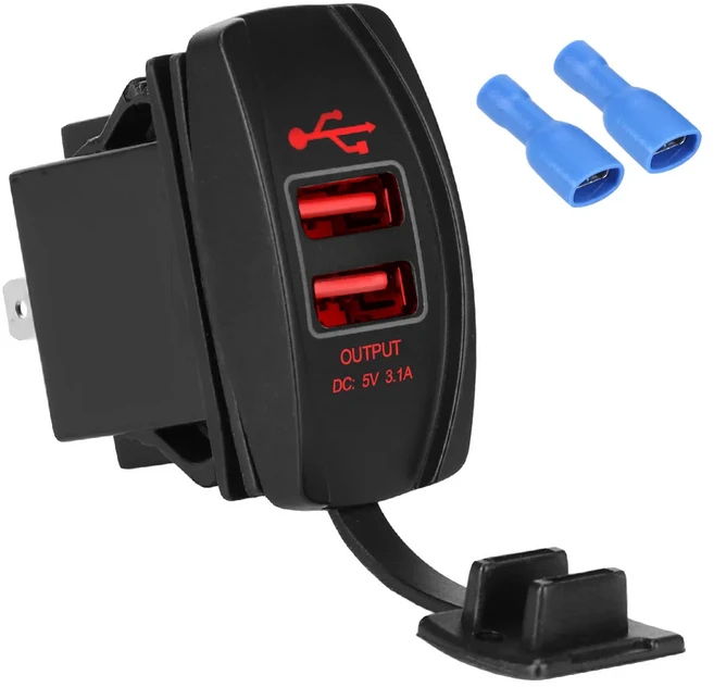 차량용 듀얼 USB 포트 방수 방진 휴대폰 충전기 자동 어댑터 RV 캠핑 캐러밴용 LED 5V 3.1A, 01 빨간