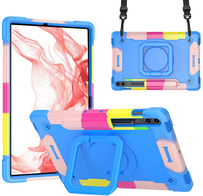 갤럭시탭 S9 FE 플러스 스퀘어 아머 케이스 회전 거치대 범퍼, 블루레인보우, 1개