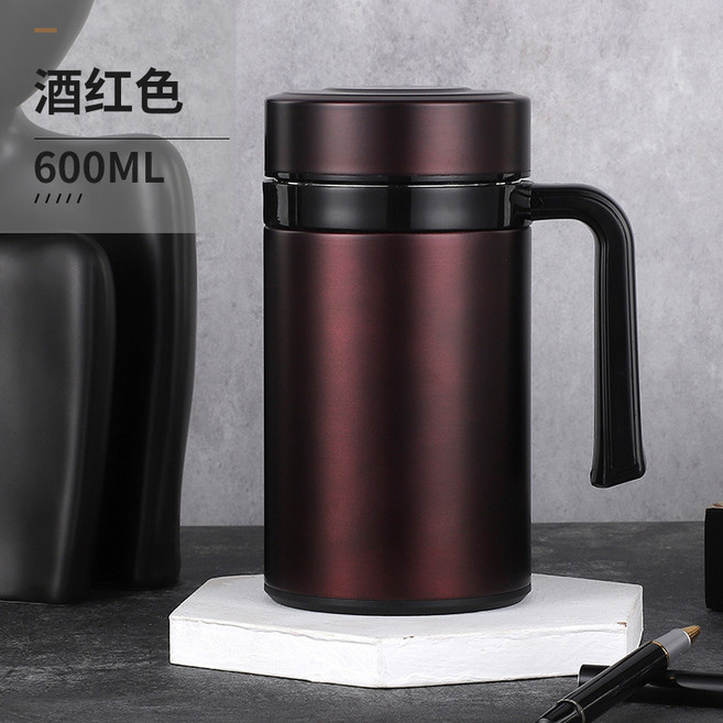 316不鏽鋼保溫杯 商務辦公杯 帶手柄設計 泡茶專用 便攜水杯 輕量耐熱 多色可選+咖色+600ml, 1個, 1L, 咖色:600ml